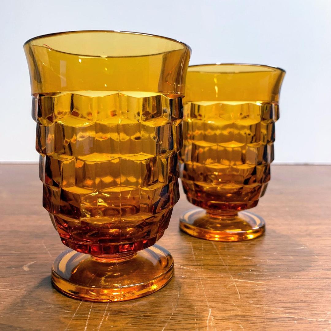 Vintage Indiana Glass Whitehall Amber Pair Of Juice Glasses Over The