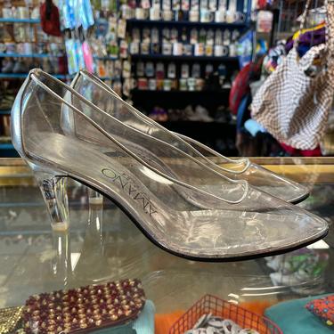 Silver Plastic Clear Heels Vintage 1990s Amano USA Metallic Women's size 9 B 