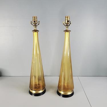 Pair of Blenko Amber Glass Lamps 