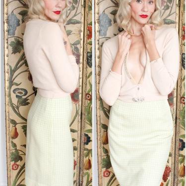 1950s Skirt // Green &amp; Ivory Plaid Wool Skirt // vintage James Kenrob 50s skirt 
