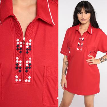 Red Zip Up Shirt 90s Does 70s Top Lattice Trim Top Short Sleeve Blouse Quarter Zip Pocket Shirt Retro T Shirt Vintage 1990s Small Medium 