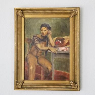 1950s Female Nude Sitting Oil on Canvas Painting. 