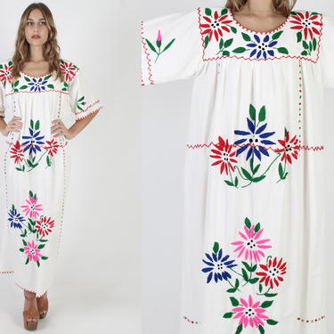 White Mexican Kaftan Dress South American Cotton Caftan Womens Hand American Archive San Diego CA