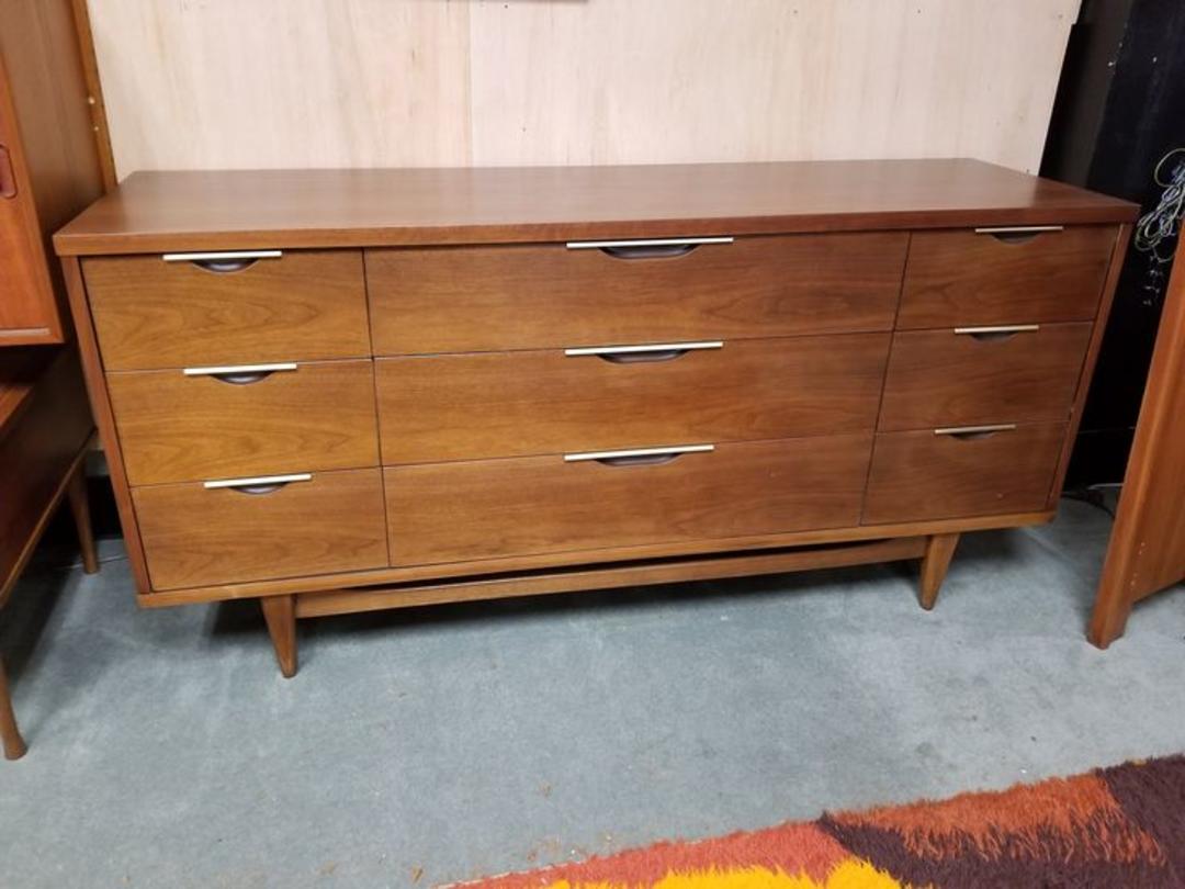 Mid Century Modern Walnut Dresser With Brass Pulls From Peg Leg