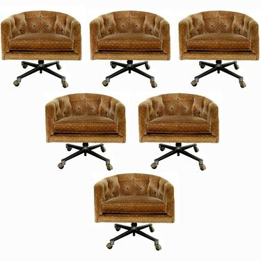 Mid Century Modern Tufted Set of 6 Rolling Barrel Lounge Dining Armchairs 1960s 