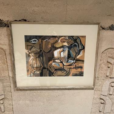 Complicated Abstract Print Still Life Art Warm Beige &amp; Black in Cerused Oak Frame 
