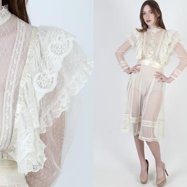 Gunne Sax Dress / Plain See Through Victorian Style / 70s Classic Prairie Wedding Gown / Sheer Floral Embroidered Lace Ivory Maxi Dress 