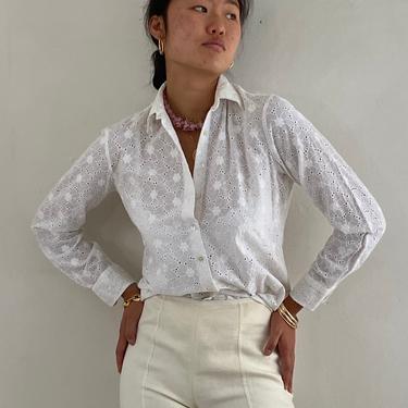 90s eyelet blouse / vintage white cotton embroidered broderie anglaise eyelet long sleeve collared semi sheer blouse | S M 