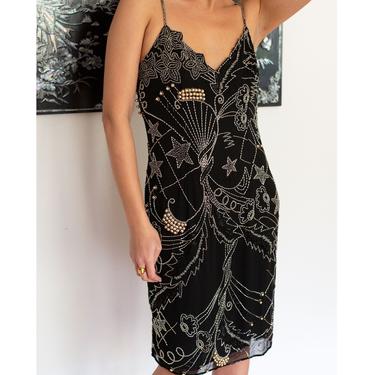 1980s Silk Beaded Celestial Dress in Black Spaghetti Strap Sequin Star Print Galaxy Floral S M Cocktail Silver Gold 
