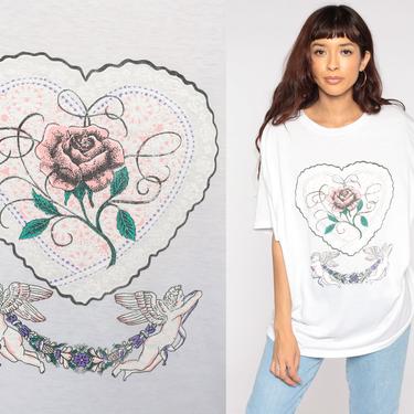 Floral Cherub T Shirt 90s Rose Tee White Heart Graphic Tshirt Short Sleeve TShirt Flower Print Shirt 1990s Vintage Romantic Extra Large xl 