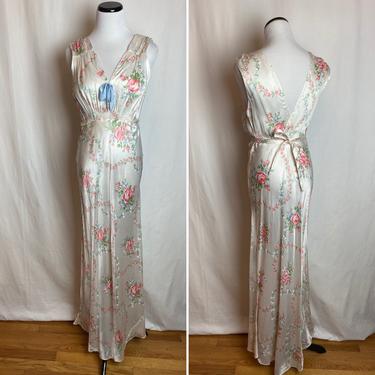 40’s floral satin slip dress~ pastel pink & blue romantic flower pattern~ bias cut rayon 1940s bombshell gown nighty sexy nightgown 