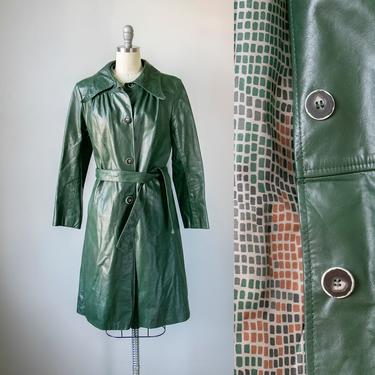 1970s Leather Coat Green Long Trench Jacket M 