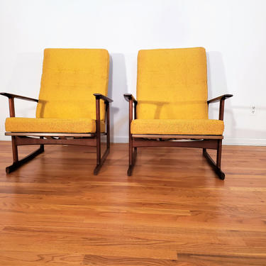 Mid Century Ib Kofod Larsen for Selig Pair of High Back Wood Lounge Chairs 