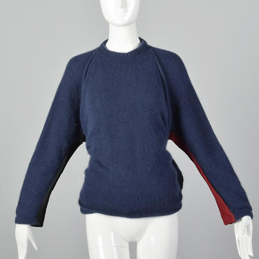 Medium Gianfranco Ferre Blue Sweater 1980s Angora Wool Suede Panels Front Panel Tie 