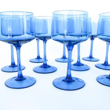 Set of 12 Midcentury Thin Vibrant Blue Stemmed Glasses 