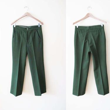 Vintage 70s Green Pants 26 - High Waist Straight Leg Trousers - Dark Green Polyester Trouser Pants - 70s Clothing - High Waisted Pants 