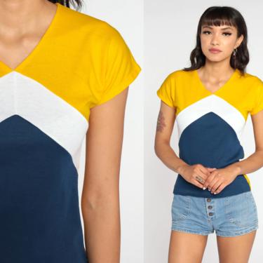 70s Striped Shirt Chevron Shirt Yellow White Blue Tshirt Single Stitch V Neck Shirt Short Sleeve Vintage 1970s T Shirt Extra Small xs 