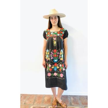 Hand Embroidered Dress // vintage sun Mexican black embroidered floral 70s boho hippie cotton hippy midi // S/M 