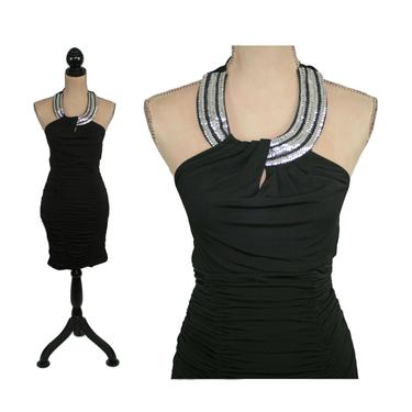 Black Bodycon Mini Dress XS with Silver Sequins on the Halter Neck, Sexy Cocktail Club, Short Fitted Ruched, Y2K Vintage Clothes Women NWT 