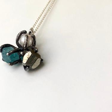 Turquoise Pearl and Apatite Trio Pendant in Oxidized Sterling Silver 