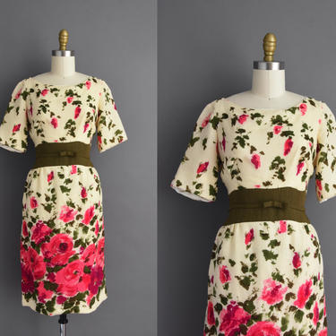 1950s vintage dress | Jeannette Alexander Gorgeous Rose Print Cocktail Party Wiggle Dress | Small | 50s dress 