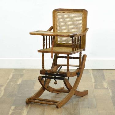 Antique American Colonial Child'S Highchair W Cane Seat