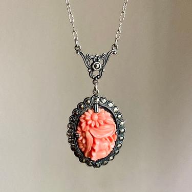 Antique Art Deco Sterling Silver Marcasite Glass Faux Coral Necklace 1920s Germany 