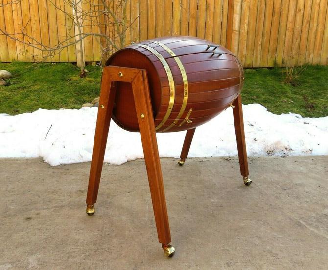 Vintage Mid Century Wood Barrel Bar Cart Liquor Cabinet Winery