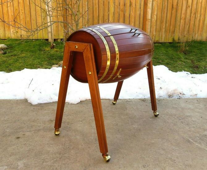 Vintage Mid Century Wood Barrel Bar Cart Liquor Cabinet Winery