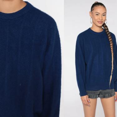 Blue Cashmere Sweater 80s Neiman Marcus Sweater Textured Crewneck 1980s Jumper Vintage Plain Preppy Extra Large xl l 