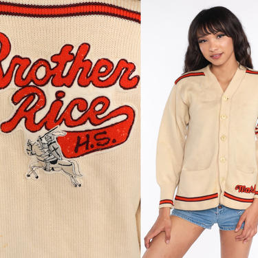 Vintage Varsity Sweater Brother Rice High School Wool Chicago Letterman Cardigan 1960s Sweater Cream Button Up 60s Vintage Small Medium 