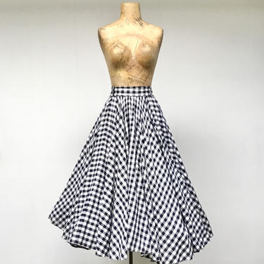 Vintage 1950s Gingham Cotton Circle Skirt, Black and White Checkered Full Skirt, Long Bias Cut Mid-Century Skirt 28&amp;quot; Waist 
