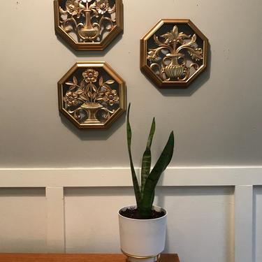Octagon Wall Art Chinoserie Regency Gold floral set of 3 Syrocco 4368 A B D 