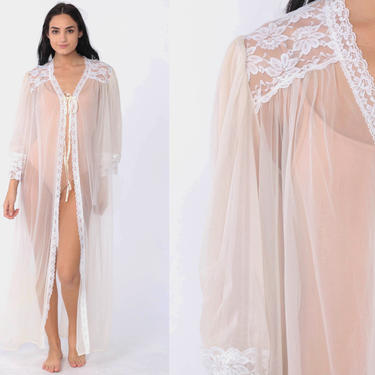 Sheer White Robe Long Lingerie Jacket 70s LACE Robe Boho Maxi Lingerie Nylon Chiffon Peignoir Bohemian 80s Vintage Small Medium Large 