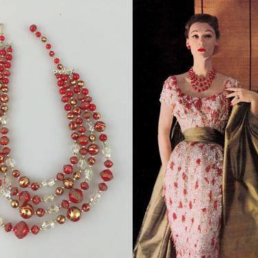 A Regal Entrance - Vintage 1950s 1960s Red &amp; Gold  Lucite Sugar Bead Swirled 4 Strand Necklace 