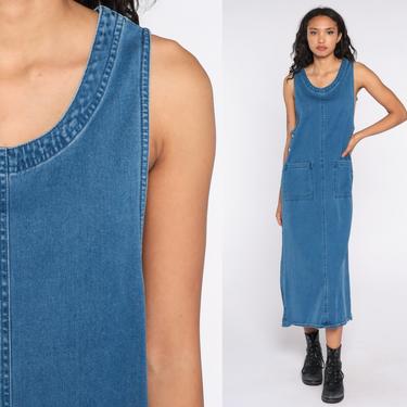 Denim Dress Jean Jumper Midi Y2K Grunge Vintage Overall Dress Blue Pinafore Low Armhole Sleeveless 00s Small Medium 