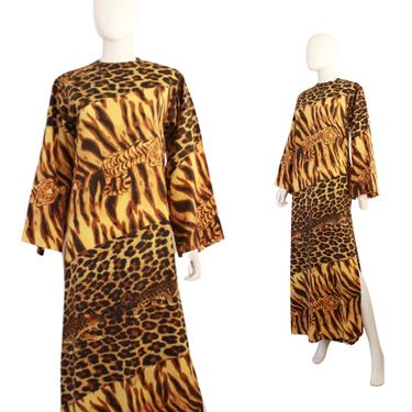 1960s Leopard Print Caftan Maxi Dress - 1960s Leopard Print Dress - Vintage Leopard Print Maxi Dress - 60s Tiger Novelty Print | Size Small 