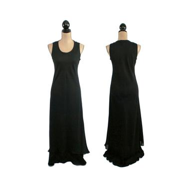 90s Long Black Chiffon Maxi Dress with Train, Minimal Sleeveless Gothic Goth Wedding Gown, 1990s Clothes Women, Vintage Clothing Size 6 |8 