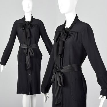 Large 1990s Bottega Veneta Black Silk Dress Long Sleeve Shift Dress Pussybow Neck Fabric Belt Pockets 90s Vintage 