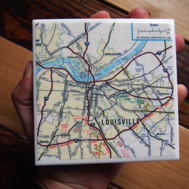 1981 Louisville Kentucky Vintage Map Coaster. University of Louisville. City map drink coasters. Kentucky Derby. 1980s map. Churchill Downs 