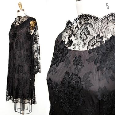 black floral lace dress vintage 60s A-line sheer see through long angel sleeves high collar cocktail party SMALL S (34&amp;quot; Bust) 