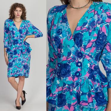 80s Watercolor Floral Peplum Secretary Dress - Medium | Vintage Blue Button Up Fitted Waist Long Sleeve Midi Dress 