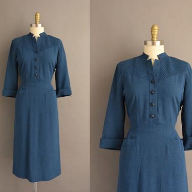 1950s vintage dress | Outstanding Deep Blue Gabardine Cocktail Party Wedding Dress | Medium Large | 50s dress 