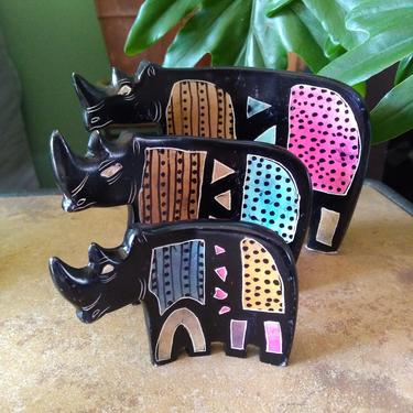 Unique! Kisii Carved Stone Set of 3 Rhinos Figurine - Handmade in Kenya Vintage 