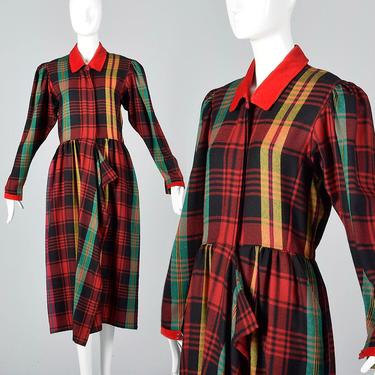 Kenzo Tartan Plaid Wool Dress Avant Garde Grunge Dress Colorful Long Sleeve Midi Dress Vintage 1990s 90s Velvet Collar 