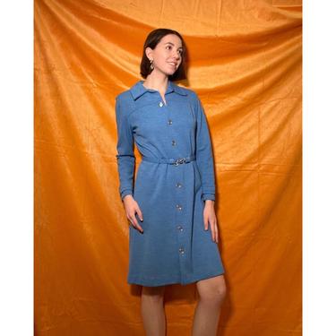 70s Blue Button-Up Knee-Length Collared Dress with Matching Belt 