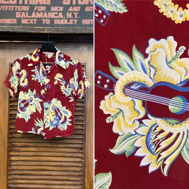 Vintage 1940’s Ukulele McIntosh Silky Rayon Hawaiian Shirt, 40’s Tropical Shirt, 40’s Hawaiian Shirt, 40’s Shirt, 40’s Top, Vintage Clothing 