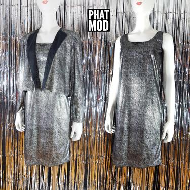 Rad 80s 90s Shiny Silver Metallic &amp; Black Dress Set 