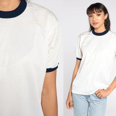 White Mesh Shirt Retro T Shirt 80s TShirt Navy Blue Ringer Tee Shirt Athletic Shirt Vintage 1980s Sports Medium 