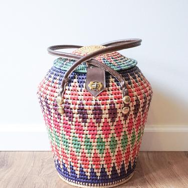 Colorful Woven 1950's Basket with Faux Leather handles and Metal Hardware 